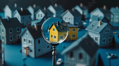 Focused view of a bright yellow house among miniature homes with a magnifying glass revealing details. Concept for selling a house and home insurance. Signing a house purchase and sale agreement, hous
