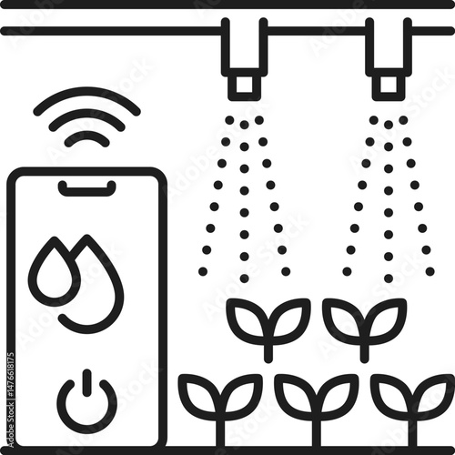 Smart watering icon, robot farm, sustainable agriculture farming technology. Vector linear sign showing automated watering system with mobile control. Irrigation management, precision hydration app
