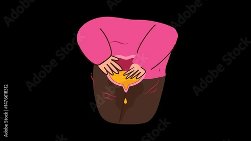 Urinary incontinence, woman holding crotch, bladder disease, pain, discomfort.