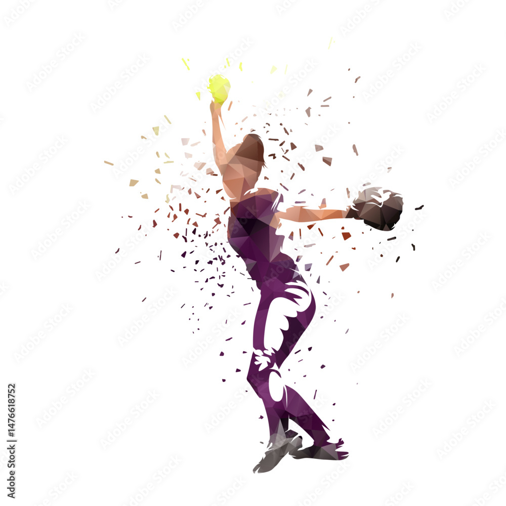 Female softball player, woman playing softball, team sport athlete, isolated low polygonal vector illustration with dispersion effect