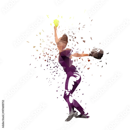 Obraz na płótnie Female softball player, woman playing softball, team sport athlete, isolated low polygonal vector illustration with dispersion effect w salonie