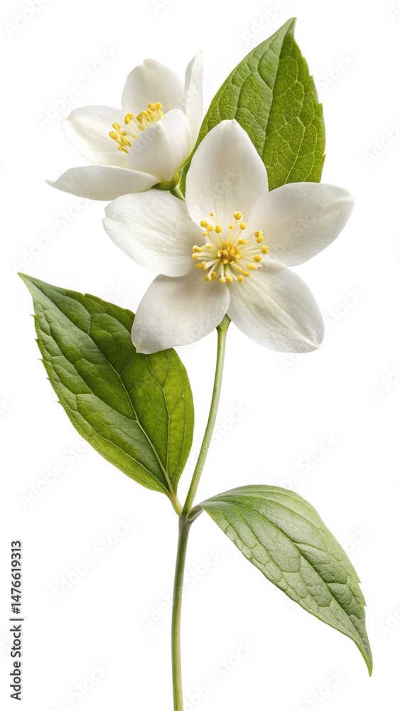 Fototapeta premium Delicate Jasmine Blossoms in Full Bloom with Verdant Leaves on White
