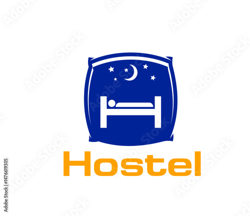 City hostel or hotel icon for guest house or travel accommodation booking app, vector emblem. Hostel icon with bed and night stars in pillow silhouette for hotel or tourist room and apartments rent