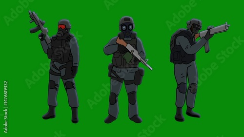 Animated Special Forces Soldiers in Tactical Gear Holding Rifles on Green Screen