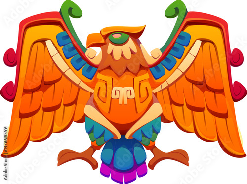 Eagle Aztec Inca Maya Mexican game icon asset. Cartoon vector Mesoamerican mythology bird symbol with outstretched wings, tribal engravings, and vibrant ornamental feathers. Cultural motif, native art