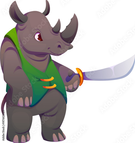 Cartoon rhinoceros animal pirate captain and corsair sailor character wearing a green vest and armed with a saber. Isolated vector adventurous rhino holding sword in hand ready to fight and attack