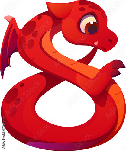 Asian red dragon character font digit 8 eight. Fairy monster character typeface numeral symbol, vector kids ABC font digit. Fantasy dragon personage math type figure or alphabet typeface number