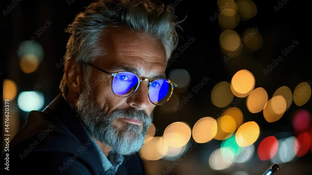 Mature man with glasses and beard at night.