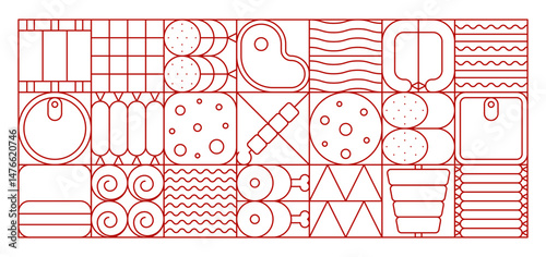 Meat and sausage modern geometric pattern. Vector tile background with salami, steak, sausage links, ham, canned meat, chicken drumsticks, bacon, ribs, mortadella, barbecue and skewers food symbols