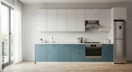 Modern Minimalist Kitchen Design with Blue Cabinets and Open Space