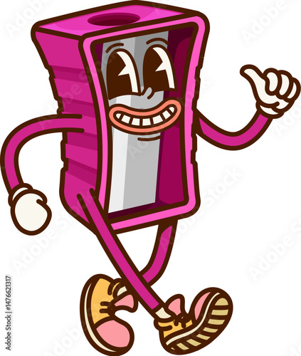 Cartoon groovy school stationery character with funny silly face, vector sharpener. Retro cartoon groovy school stationery with freaky funky smile in hipster shoes for student education item character