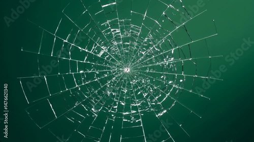 Shattered Glass Breaking on Dark Green Background Perfect for Special Effects