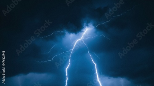 Aesthetic stormy sky. Bright lightning in the night sky in dark blue tones. 