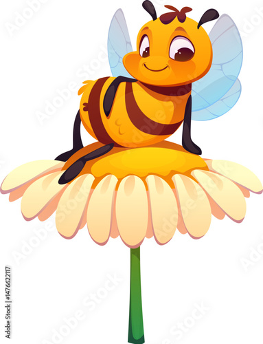 Honey bee sitting on chamomile cute cartoon character. Bumblebee animal cute vector mascot, spring honeybee insect cheerful character. Hive bee baby bug happy personage resting on daisy flower