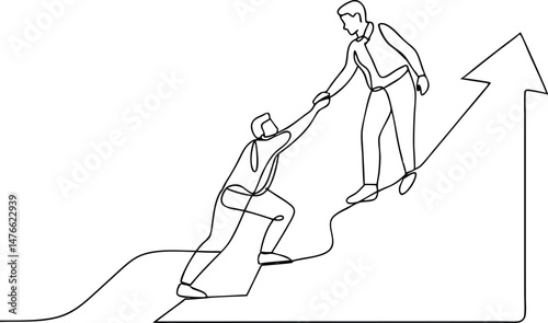 Single continuous one line drawing of a happy businessman helping his colleague rise from failure, minimalist teamwork and support vector illustration

