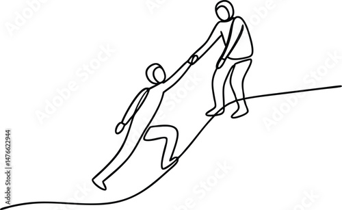 Single continuous one line drawing of a happy businessman helping his colleague rise from failure, minimalist teamwork and support vector illustration

