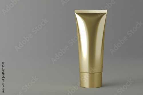Golden Cream Package Template. Gray Background. Natural Cosmetics Tube Showing. Beauty Product Mockup. Skincare, Facial mask, Toner. Front View Soft Shadow. Trendy Gold Colored Bottle. Spa Anti-aging