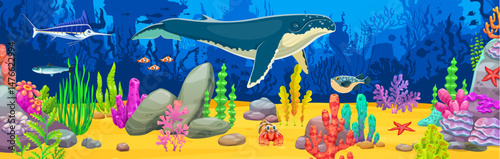 Sperm whale and fishes at underwater landscape, vector game background with cartoon sea animals, corals and seaweeds. Cute whale, crab, blue marlin and starfish at ocean bottom underwater landscape