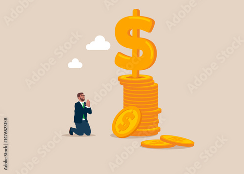 Businessman worshiping money, needing financial help. Financial and investment motivation for businessman. Flat vector illustration
