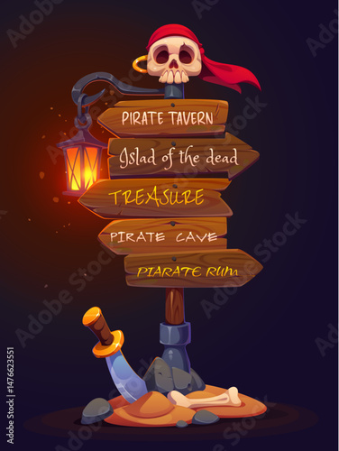 Pirate party sign board, wooden corsair signage with skull wearing bandana and glowing lantern on top. Signboard arrows featuring directions to pirate tavern, island of the dead, treasure, cave or rum