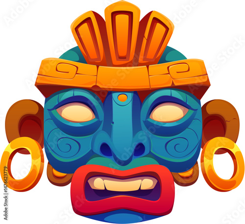 Aztec Inca Maya Mexican game icon asset. Cartoon vector tribal mask with golden earrings. Bright mystical ceremonial face with tribal ornament. Ancient Inca or Maya head with orange crown and red lips