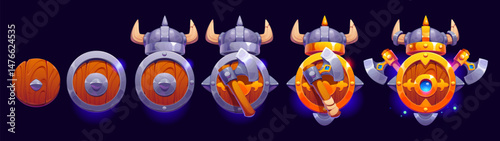 Viking game rank badge, rating level progress stage icons. Vector wooden and metal round shields with horned helmets and axes. Cartoon level progression interface for battle, warrior upgrade, ranking