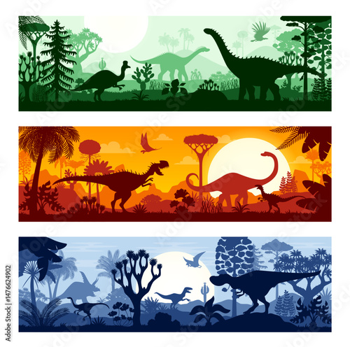 Dinosaurs silhouettes at jungle tropical forest. Vector prehistoric banners featuring shadows of dino animals in roam among lush vegetation, mountains and sun. Mesozoic or Jurassic era backgroundsV