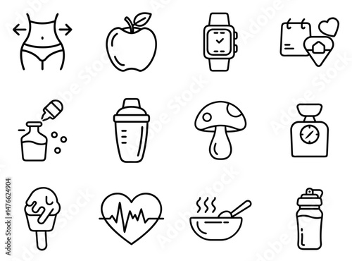 Diet & Nutrition Outline Icons Set 2 – Simple Line Art for Healthy Eating & Nutritional Awareness