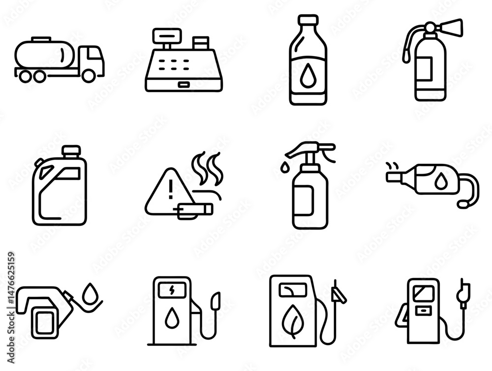 Fuel & Flow: Gas Station Outline Line Icons Set Fuel & Flow: Gas Station Outline Line Icons Set