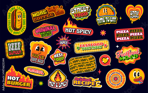 Fast food funky y2k stickers, groovy takeaway meal patch labels. Vector trendy y2k hot dog, taco and coffee badges of fastfood restaurant. Street food meal and drink retro stickers with groovy stars