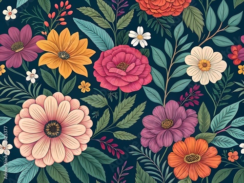 Wallpaper Mural Elegant floral pattern with colorful blossoms and lush foliage on a dark backdrop Torontodigital.ca