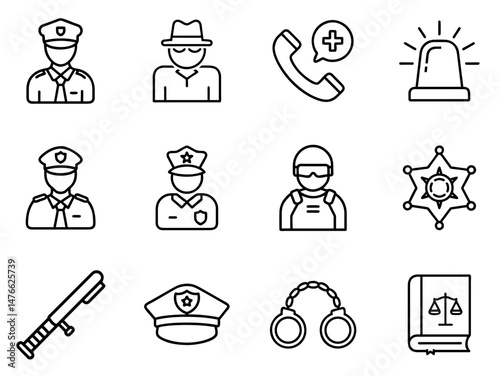 "Police Outline Icon Set 1: Minimal Line Icons Representing Security, Law, and Order"