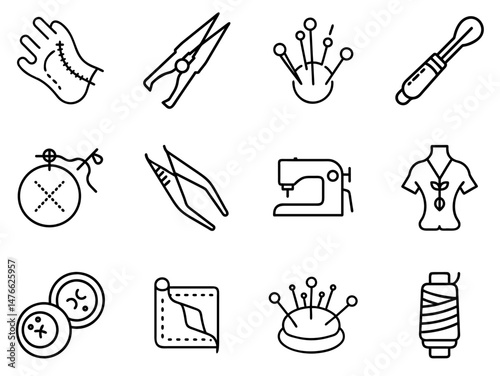 "Sewing Outline Icon Set 1: Clean Line Art Icons for Tailoring, Crafting, and DIY Projects"