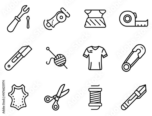 "Sewing Outline Icon Set 2: Stylish Line Icons for Fabric Work, Embroidery, and Tailoring Tools"