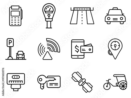 "Taxi Service Outline Icon Set 1: Clean Line Icons for Transport and Ride-Booking Services"