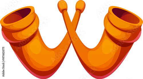 Cartoon letter W shaped from two curved hunting horns, forming a fun and musical alphabet character. Wind music instrument font, typeface, entertainment funny type. Vector English musician abc symbol