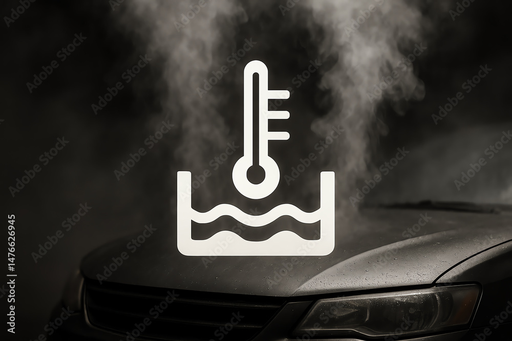 A close-up image of a car with steam rising from the hood, featuring a temperature gauge symbol, highlighting engine issues and vehicle maintenance.
