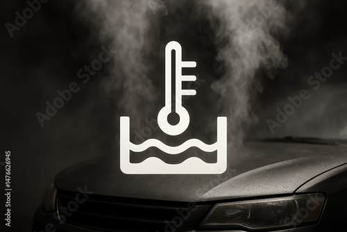 Obraz na płótnie A close-up image of a car with steam rising from the hood, featuring a temperature gauge symbol, highlighting engine issues and vehicle maintenance. w salonie