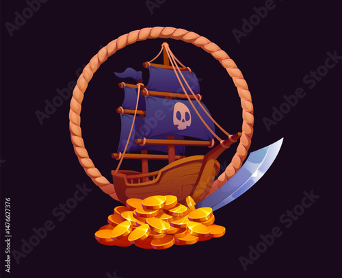 Heraldic pirate sail ship with rope frame, saber and golden coins. Vector adventure game label with a corsair brigantine boat dark sails featuring a skull emblem, surrounded by a rope circle, treasure