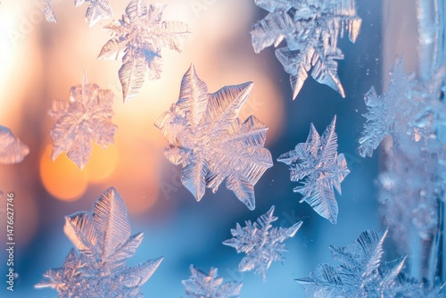 Frost patterns on a window, warm sunset light
