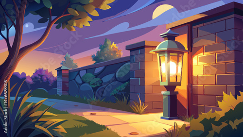 A modern outdoor wall sconce illuminates a garden with a warm glow at dusk.