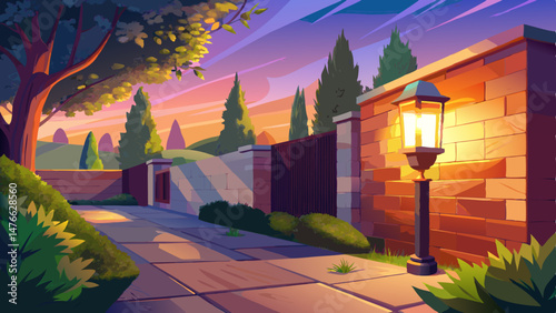 A modern outdoor wall sconce illuminates a garden with a warm glow at dusk.