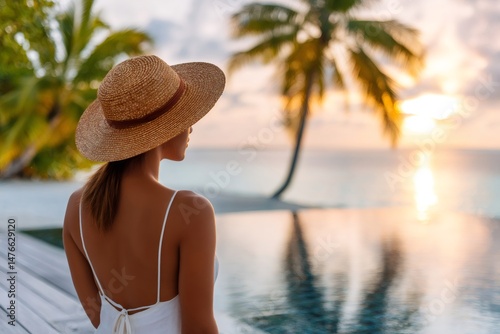 Wallpaper Mural Woman enjoying sunset at luxury resort pool Torontodigital.ca