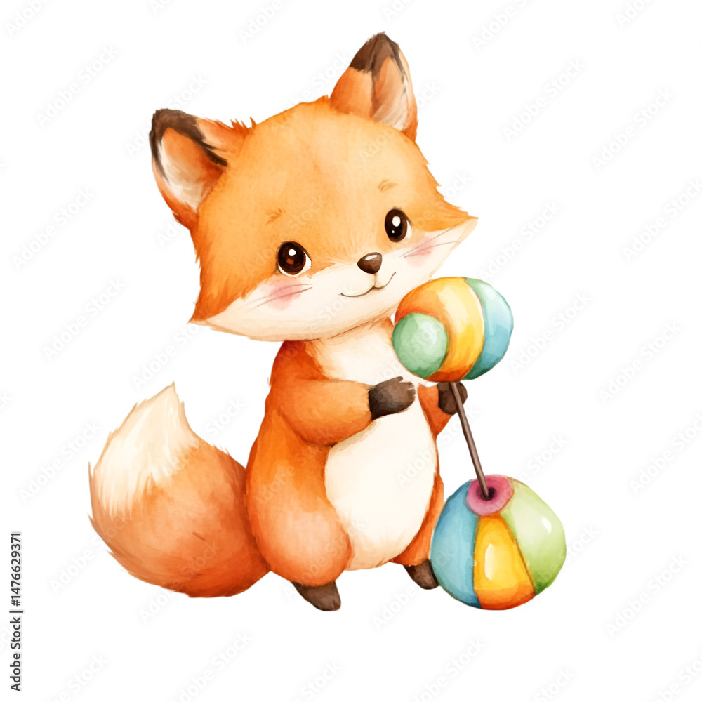 Fototapeta premium Adorable fox playing enchanted forest watercolor art whimsical close-up kawaii concept
