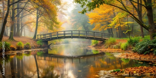A misty autumn morning bridge spanning a calm stream with fallen leaves and lush greenery surrounding the water's edge #AutumnalSerenity, forest, misty