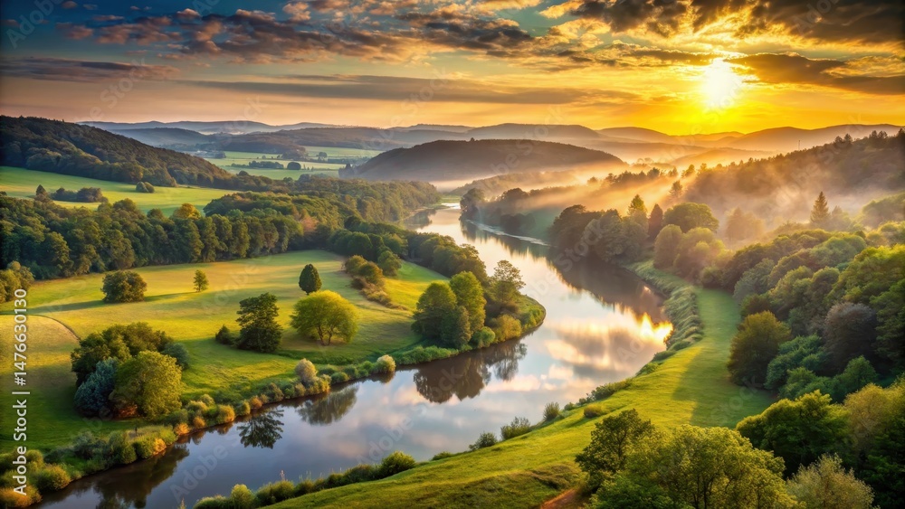 Fototapeta premium Soft golden light illuminates a serene sunrise over a tranquil river valley surrounded by lush green trees and rolling hills, creating a peaceful atmosphere , natural scenery, serene