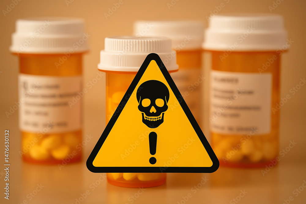 A warning sign in front of prescription medication bottles highlights the importance of drug safety and responsible usage in healthcare.