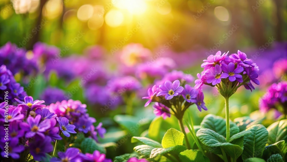 Obraz premium Vibrant violet flowers in a lush green garden with soft focus and warm sunlight filtering through the leaves , spring, beautiful violet flower