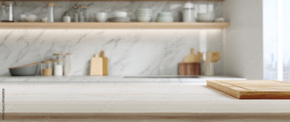 Obraz premium Blurred kitchen interior with an empty countertop for product display, a blurred background of a modern white and wooden kitchen interior on the wall