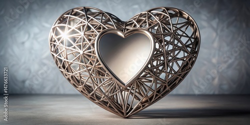 Heart-shaped metal sculpture with intricate details and a mirror-like finish, industrial material, abstract decoration